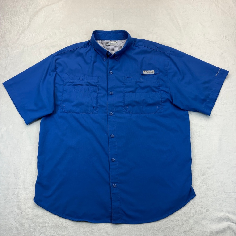 Columbia PFG Mens Blue Short Sleeve Fishing Shirt Large Omni-Shade Ventilated